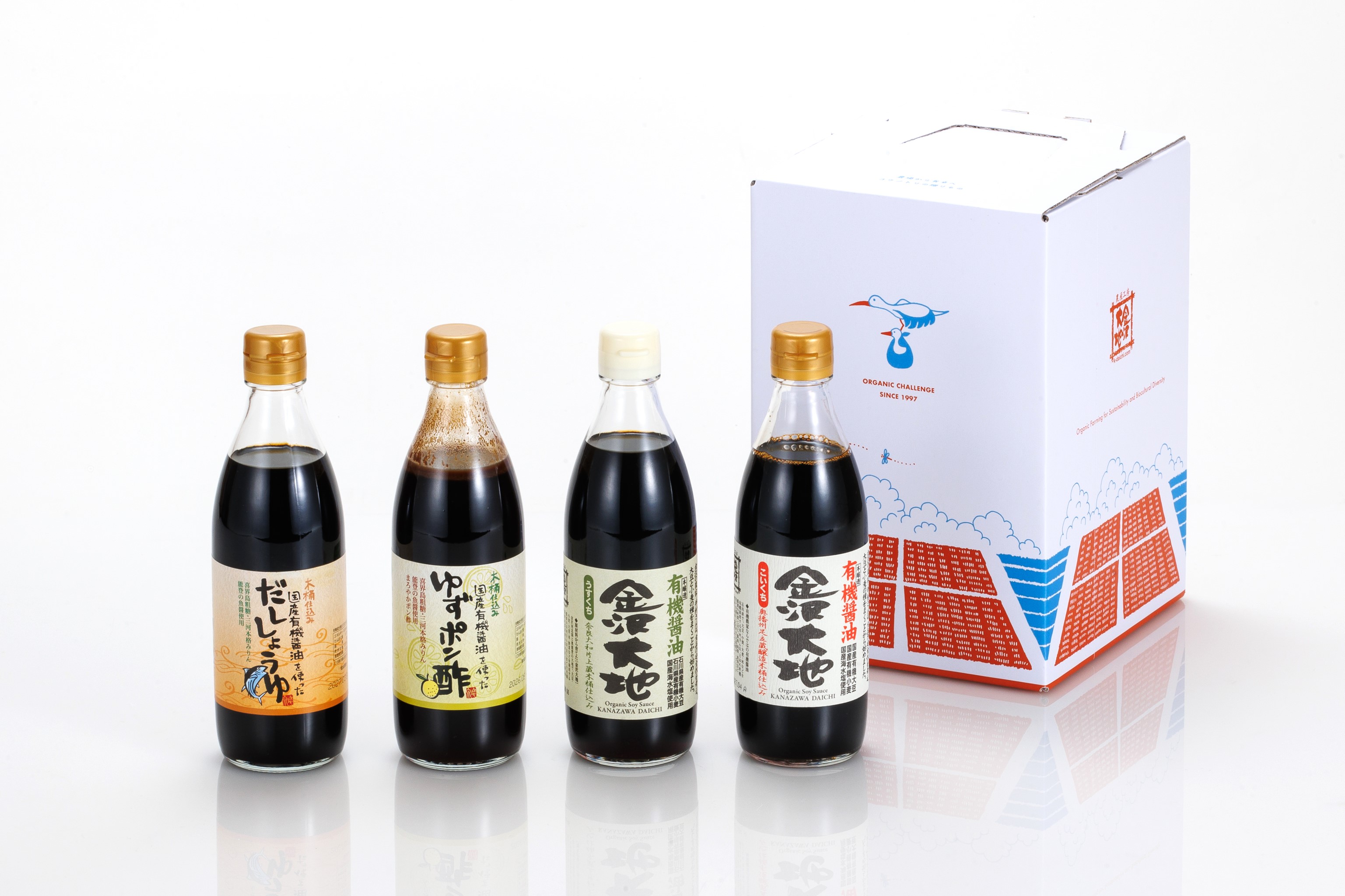 調味料セットC〈コウノトリの贈りもの〉(こいくち醤油360ml、うすくち醤油360ml、ゆずポン酢360ml、だししょうゆ360ml 各1本)