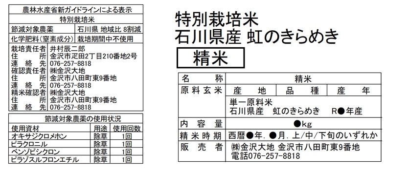 <h2>【石川県地域比で8割農薬を減らした特別栽培米です】</h2>金沢大地の特別栽培米は、田植え時期の初期除草にのみ除草剤を1回(4成分)使用し、穂が出来る時期以降は、農薬を使用していません。また、化学肥料は一切使用していません。